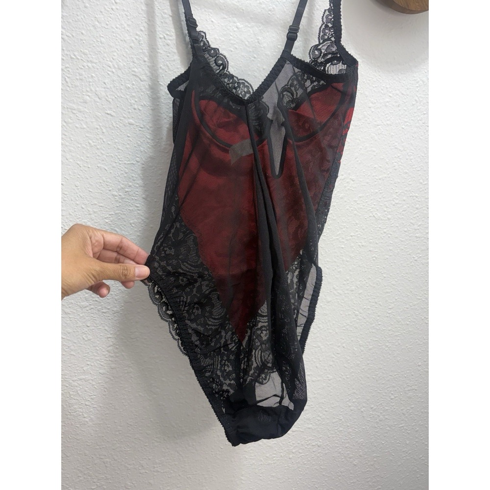 VTG 1980s VS Gold Label Romantic Black Red Lace Deep V Snap Crotch Lingerie 2XS - Picture 5 of 10